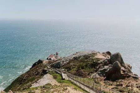 Aerial view of Point Reyes Lighthouse in Marin County, California.